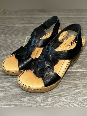 Born Nina Braided Front Wedge Black Leather Women’s 6M Platform Open Toe Sandal